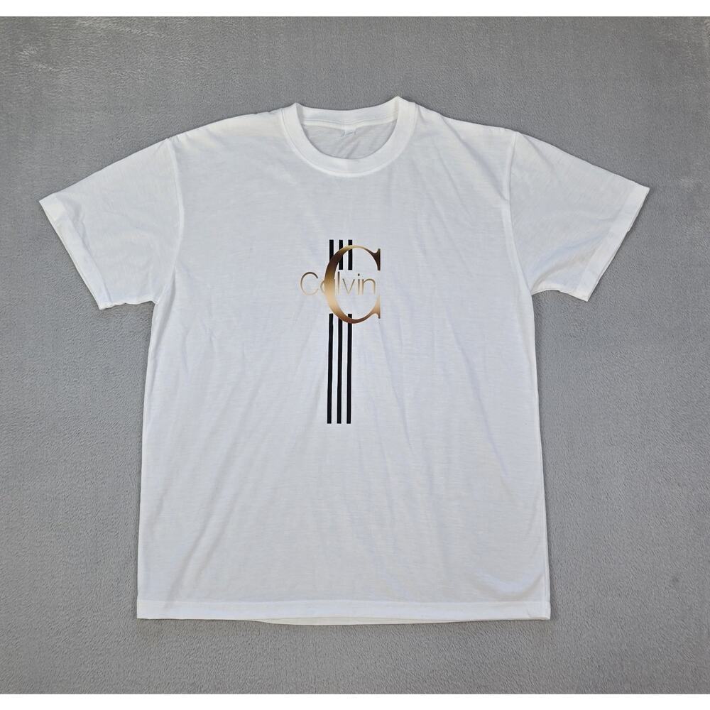 Calvin Style White Graphic T Shirt Men’s Size M Short Sleeve Cotton Tee New